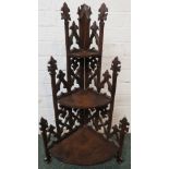 Carved oak three-tier corner wall bracket in Gothic style with pierced and carved oak leaves,