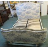 French style modern carved wood double bed frame painted cream, the head and footboard upholstered