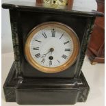 Black slate mantel clock inset with green striated marble, white enamel dial (diameter 9cm) with