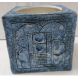 Troika Cornwall Pottery cube vase, blue and green-grey, 15cm, monogrammed