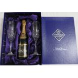 Edinburgh Crystal presentation set of two Kelso champagne flutes and a bottle of Lanson black