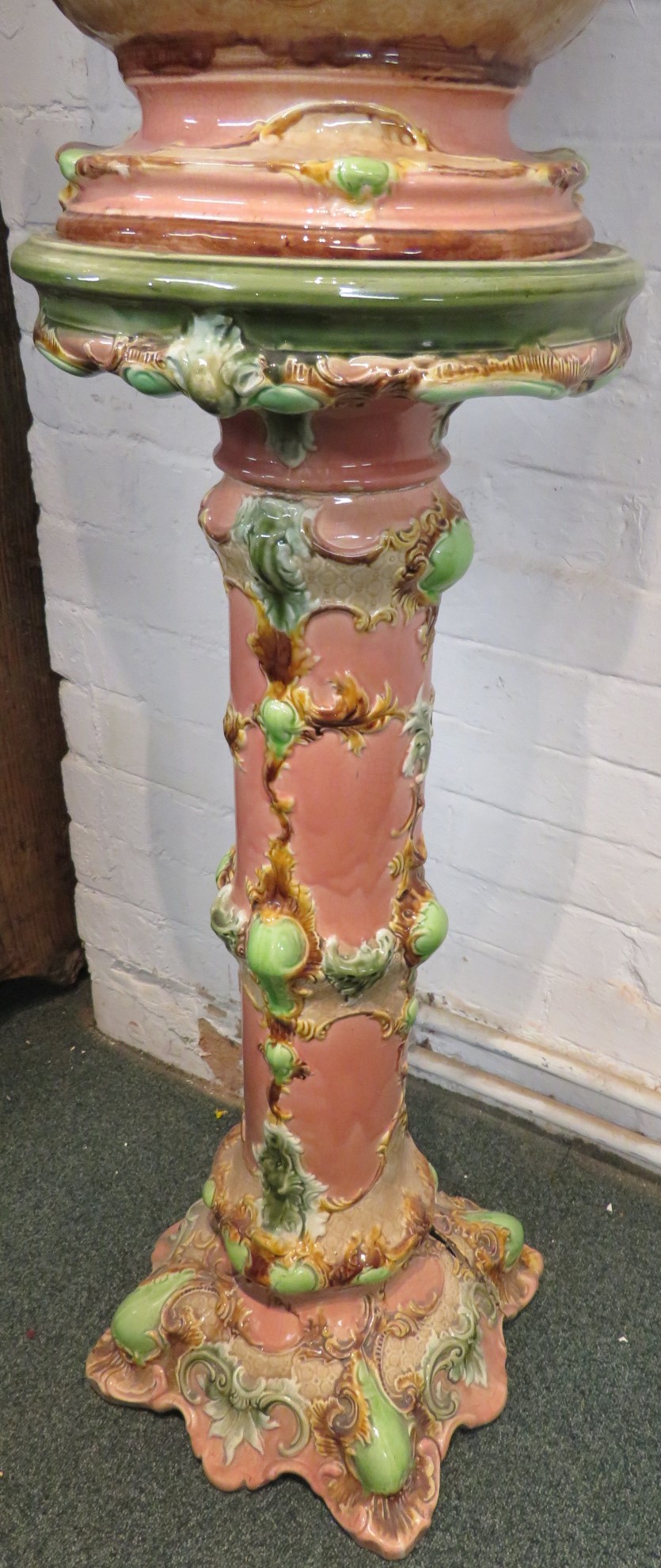 Victorian majolica jardiniere on stand, pink ground with green and brown oak foliage, requires - Image 3 of 7