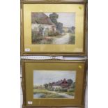 Two watercolours of pretty thatched cottages with flower gardens and figures, each signed Noel Smith