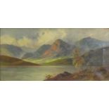 Lake and mountains, oil on canvas, signed and dated lower right, Joel Owen, 1928, (19cm x 39.5cm),