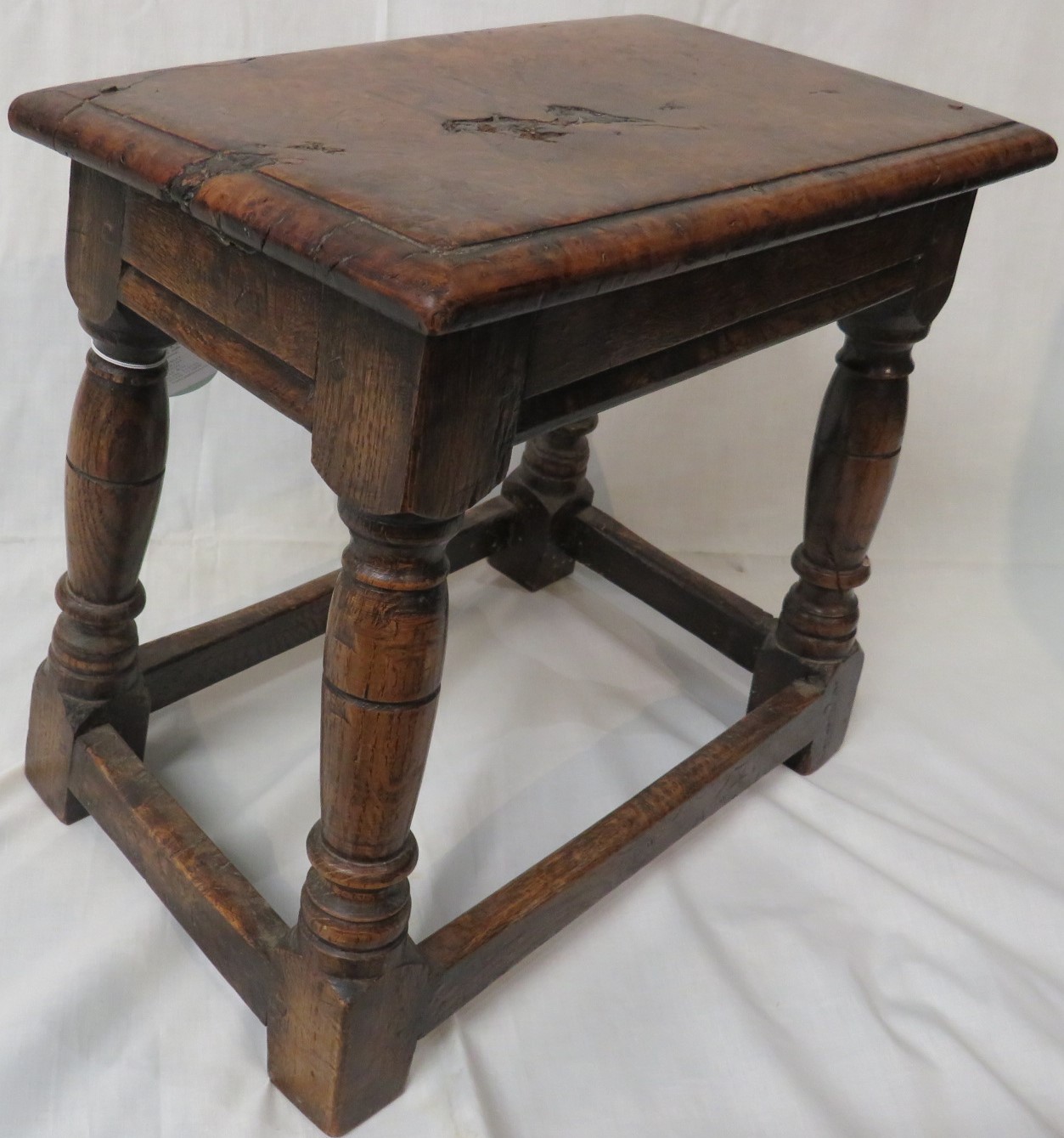 18th century oak framed joined stool with burr walnut top, baluster turned supports, straight - Image 5 of 5