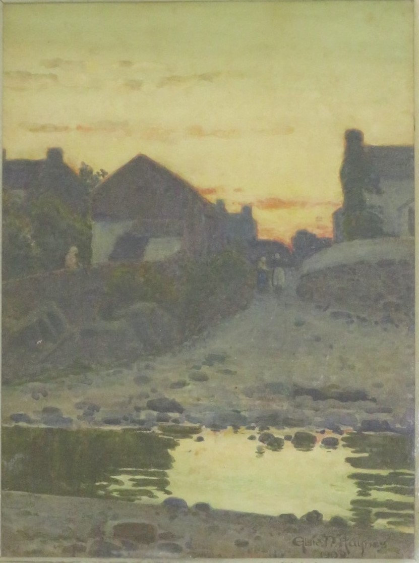 Cobbled street with puddle and two figures, watercolour, signed and dated Elsie N Haynes,1909