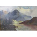 Lake with mountains beyond, oil on canvas, (49.5cm x 75cm), signed lower left Joel Owen and dated
