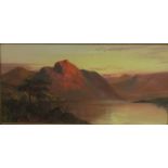 Lake and mountain at sunset, oil on canvas, signed and dated lower left, Joel Owen, 1923, (19cm x