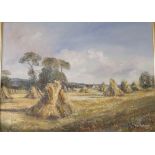 Wyn Appleford - wheat stooks in field, oil on canvas, signed lower right, (40cm x 54cm), in a gilt