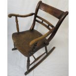 19th century oak rail back rocking chair, scrolled arms, turned legs and struts, (height 85cm, width