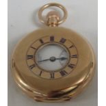 9 carat gold half hunter pocket watch, crown winding, white enamel dial with Roman chapter and