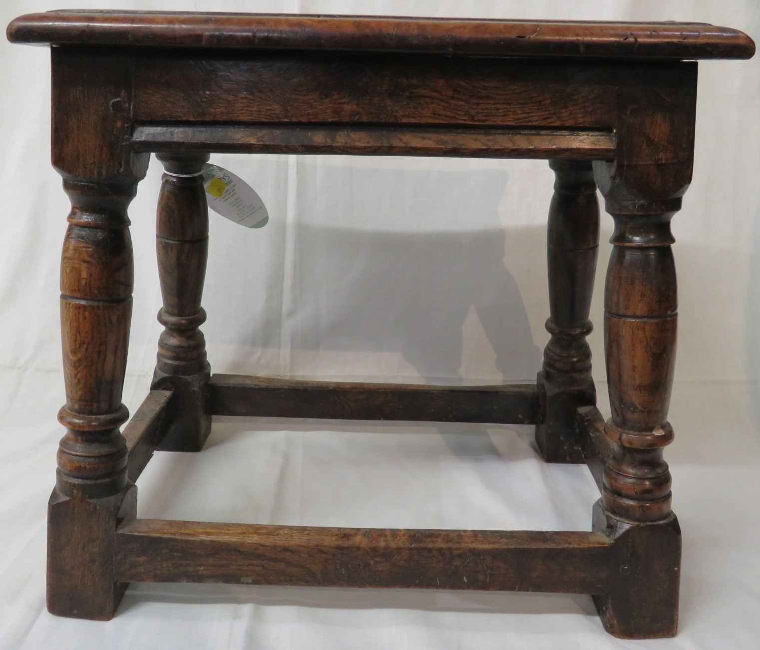 18th century oak framed joined stool with burr walnut top, baluster turned supports, straight - Image 3 of 5