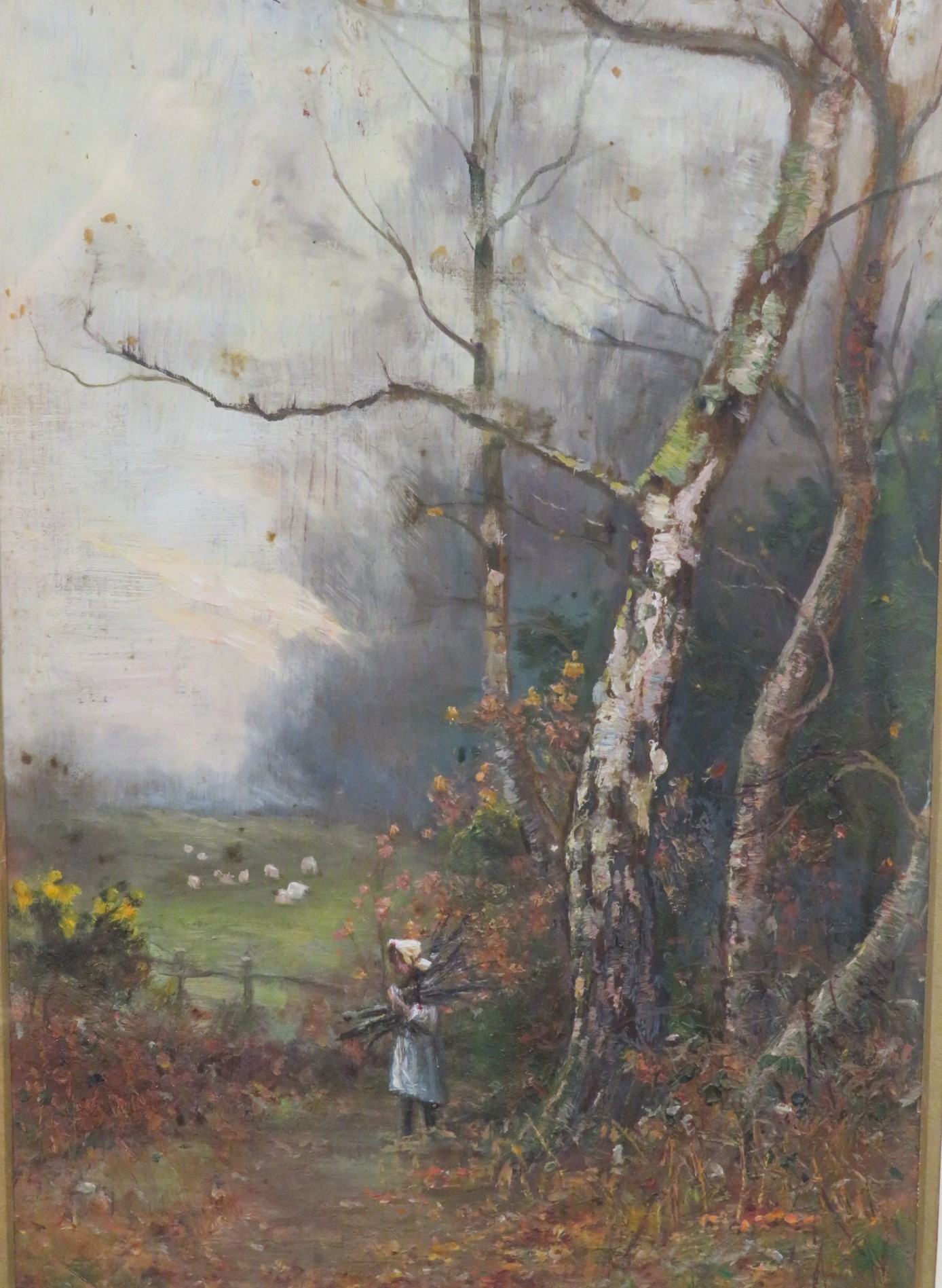 Girl gathering branches in woodland, oil on panel, (33cm x 23cm), glazed and in a decoratively