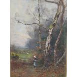 Girl gathering branches in woodland, oil on panel, (33cm x 23cm), glazed and in a decoratively