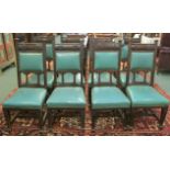 A set of eight mahogany framed Art Nouveau style dining chairs with pale green leatherette seat