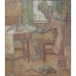 Stephen Baghot de la Bere (1877-1927) - man drinking wine at table, watercolour, pencil and