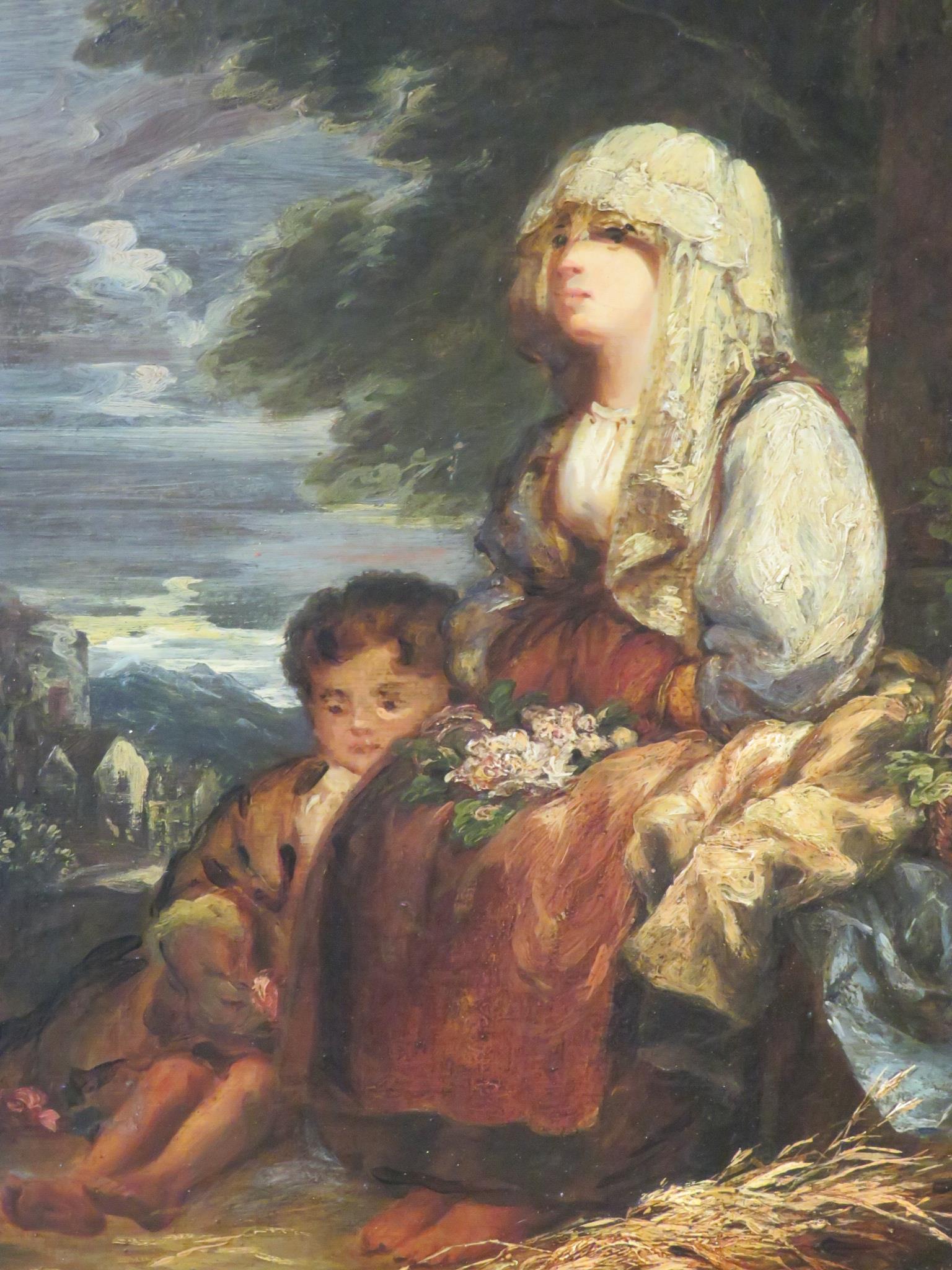 Blind woman and child, oil on canvas, (45cm x 37cm), indistinctly dated lower right 18?? [see - Image 3 of 5