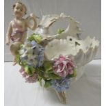 Continental white porcelain fruit basket of naturalistic form with gilding, encrusted with pink