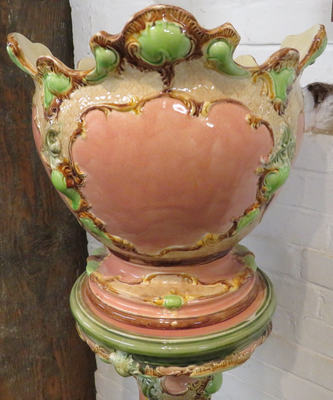 Victorian majolica jardiniere on stand, pink ground with green and brown oak foliage, requires - Image 2 of 7