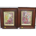 A pair of paintings in oil on porcelain or board, berries and currants with flowers and foliage, oak