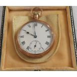 9 carat gold open faced pocket watch, crown winding, unsigned dial with Roman chapter and subsidiary