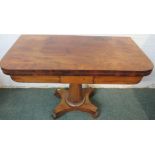 19th century banded mahogany folding-top card table, green baize, on a plain tapering column and