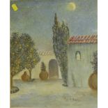 Moonlit walled garden with lemon trees, watercolour, signed Elsie N Haynes lower right, (38cm x