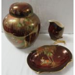 Carlton Ware Rouge Royal large lidded ginger jar (height 26cm), and oblong dish (25.5cm x 17cm) in