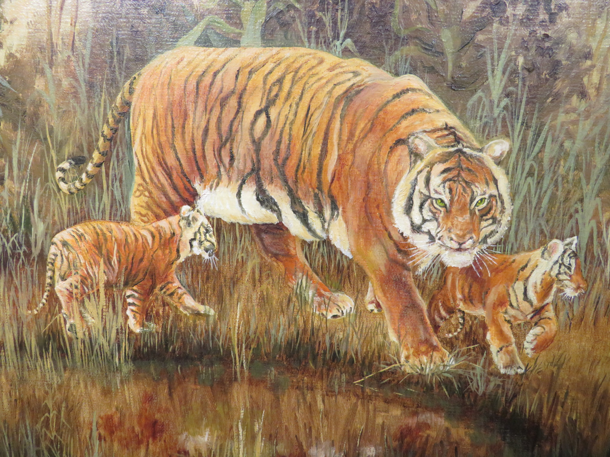 Tiger and cubs at waterside, oil on board, no signature (39cm x 50cm), in a broad foliate pierced - Image 3 of 3