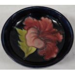 Moorcroft blue ground bowl with pink hibiscus, with factory label Potters to Late Queen Mary, height