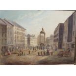 Market with monument and figures with grain baskets and cart, oil on canvas, (29cm x 39cm), signed