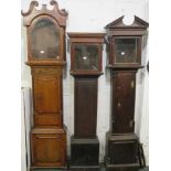 Three restoration project long case clock cases and hoods (no movements or dials): (1) oak and