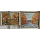 Autumnal trees with lake beyond, oil on board, (29cm x 37cm), signed and dated G M Moiseyev 69 lower