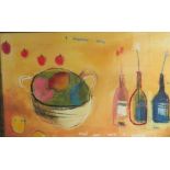 After Emma Davis, limited edition lithograph, "4 strawberries floating in space a lemon fruit bowl