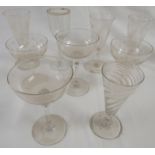 Nine various stemmed champagne and wine glasses including a 12cm high 19th century spiral turned