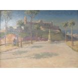 Mediterranean courtyard with figures, oil on board, signed Gourley lower right, (44cm x 59.5cm),