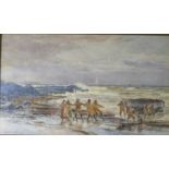 Altogether Lads, fishermen pulling boat ashore, watercolour, (41.5cm x 71cm), signed and date Alex