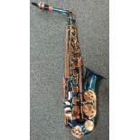 Slade Designed by USA saxophone, brass and blue stain finish with engraved leaves and abalone