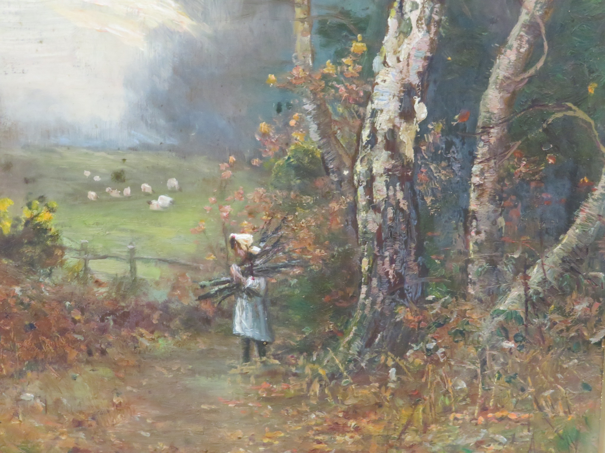 Girl gathering branches in woodland, oil on panel, (33cm x 23cm), glazed and in a decoratively - Image 3 of 3