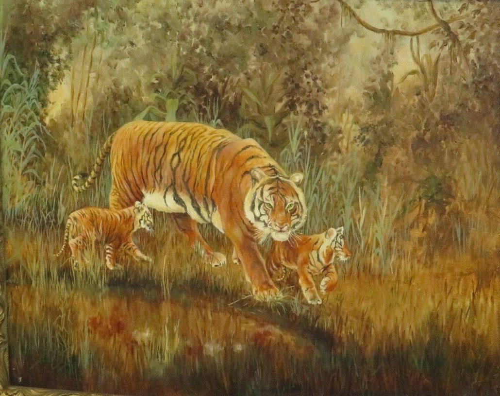 Tiger and cubs at waterside, oil on board, no signature (39cm x 50cm), in a broad foliate pierced