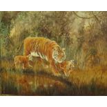 Tiger and cubs at waterside, oil on board, no signature (39cm x 50cm), in a broad foliate pierced