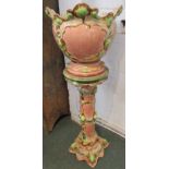 Victorian majolica jardiniere on stand, pink ground with green and brown oak foliage, requires