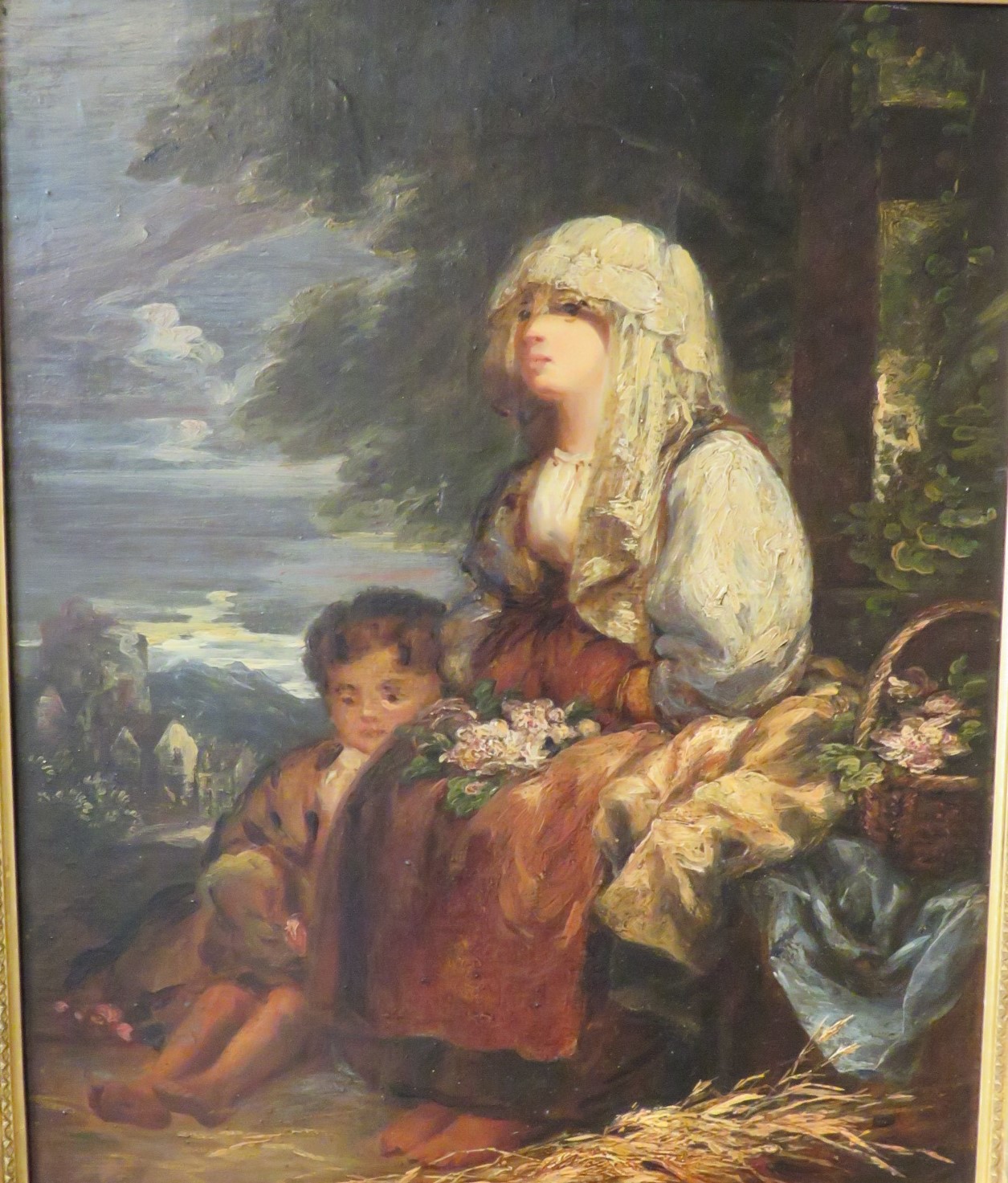 Blind woman and child, oil on canvas, (45cm x 37cm), indistinctly dated lower right 18?? [see