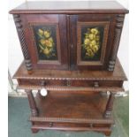 19th century stained oak credence type cabinet (possibly a marriage), the top section with spiral