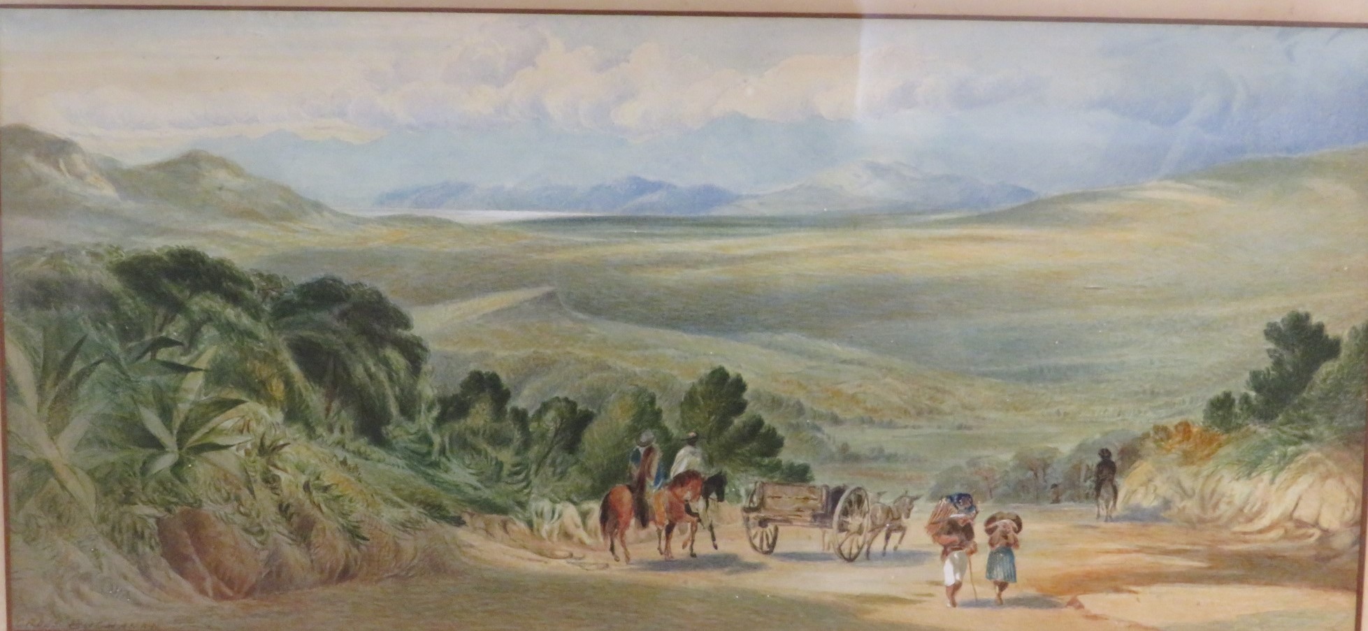 Cross Buchanan - horse, cart and figures on plain, watercolour, signed lower left, (19cm x 41cm),