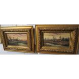 A pair of landscapes depicting cottages by riverside, oil on canvas, (each 24cm x 44.5cm), signed