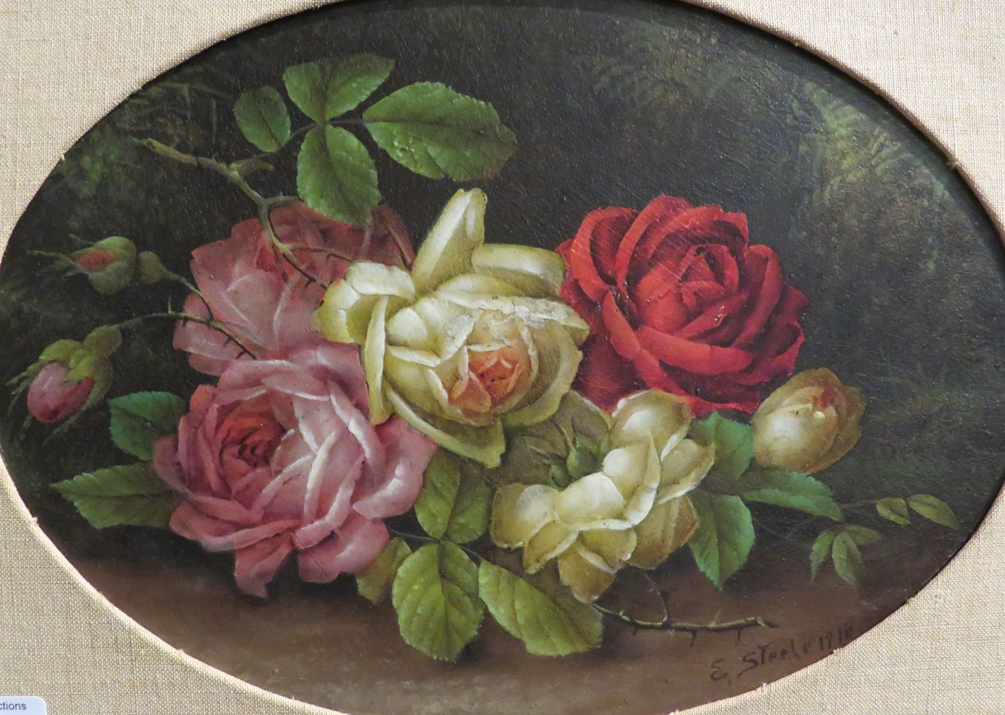 Still life roses, oil on board, oval, signed and dated lower right E. Steele 1918, 20.5cm x 28.