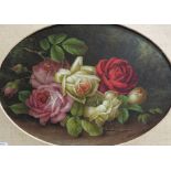 Still life roses, oil on board, oval, signed and dated lower right E. Steele 1918, 20.5cm x 28.