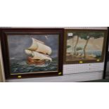 FRAMED AND GLAZED WATERCOLOUR OF COASTAL SCENE AND FRAMED ACRYLIC ON BOARD OF SAILING SHIP