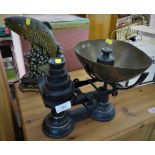 VINTAGE WEIGHING SCALES WITH BRASS PAN AND WEIGHTS, TOGETHER WITH CAST METAL FISH DOORSTOP